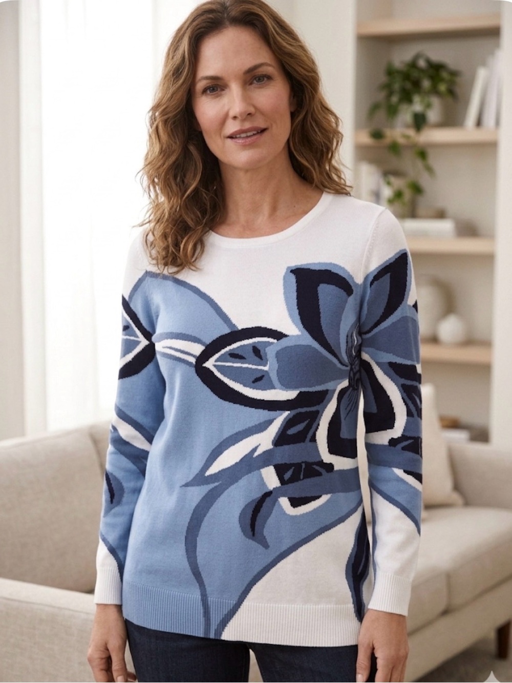 CHICO’S Tunic Style Floral Sweater, Women’s Chico Size 1, Blue White